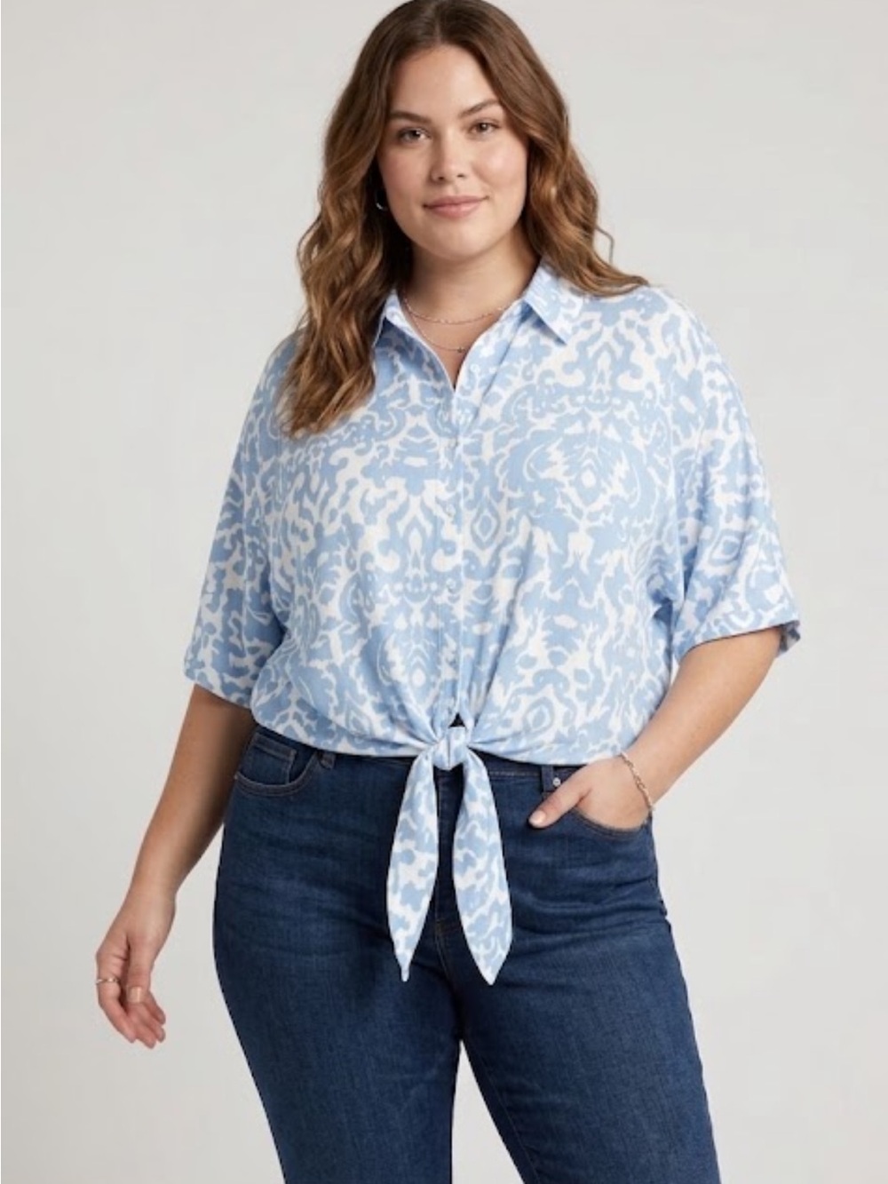Ellen Tracy Blue White Damask Print Tie Front Button Down Shirt Top Size XL